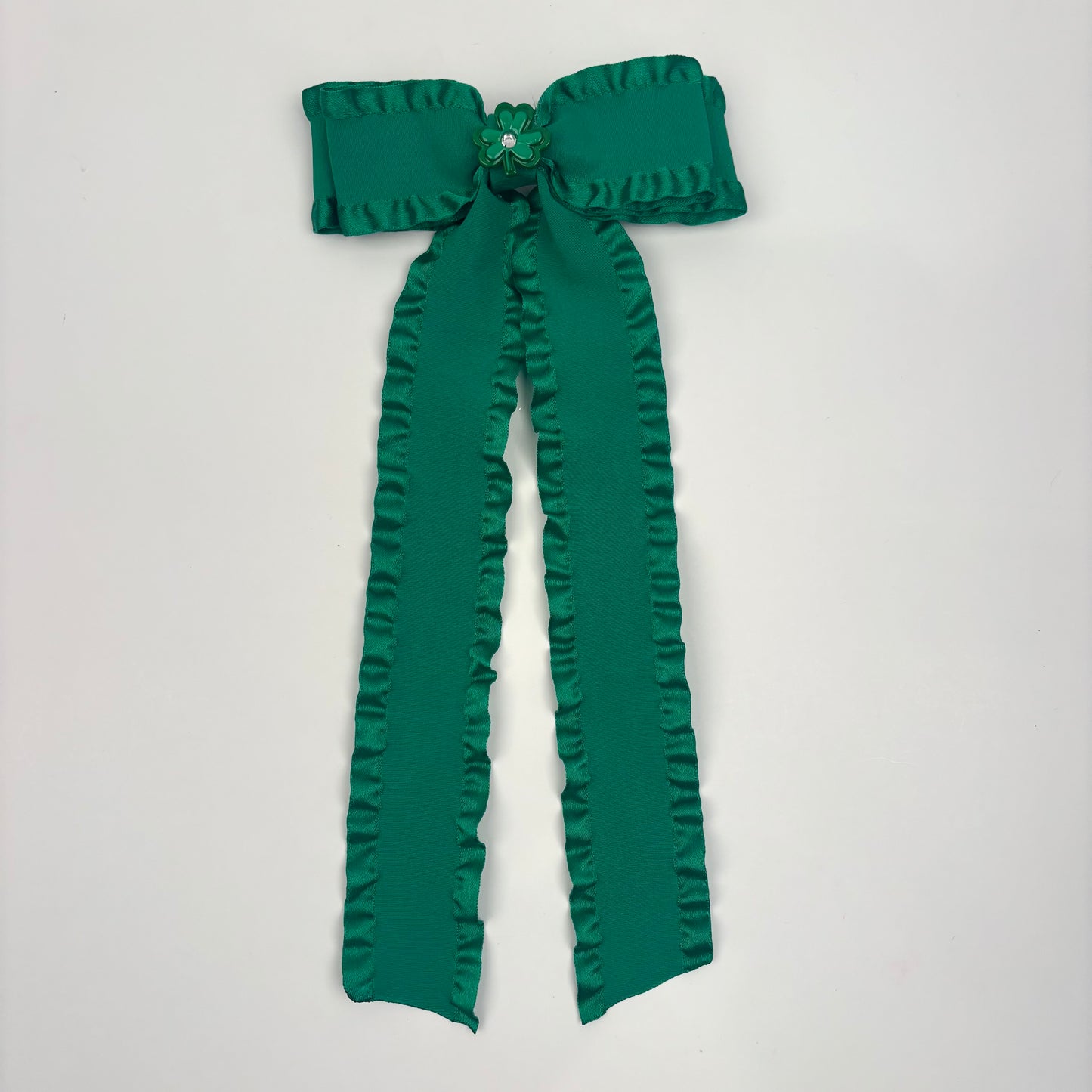A Patty’s Day Ruffle Green Bow w/ Shamrock Embellishment