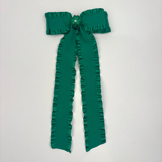A Patty’s Day Ruffle Green Bow w/ Shamrock Embellishment