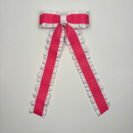 A Glitter Double Ruffle Neon Pink Bow