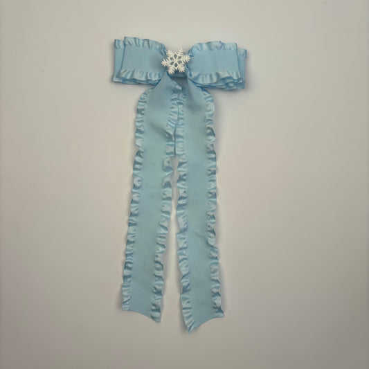 A Holiday Ruffle Light Blue Bow w/ Snowflake Embellishment