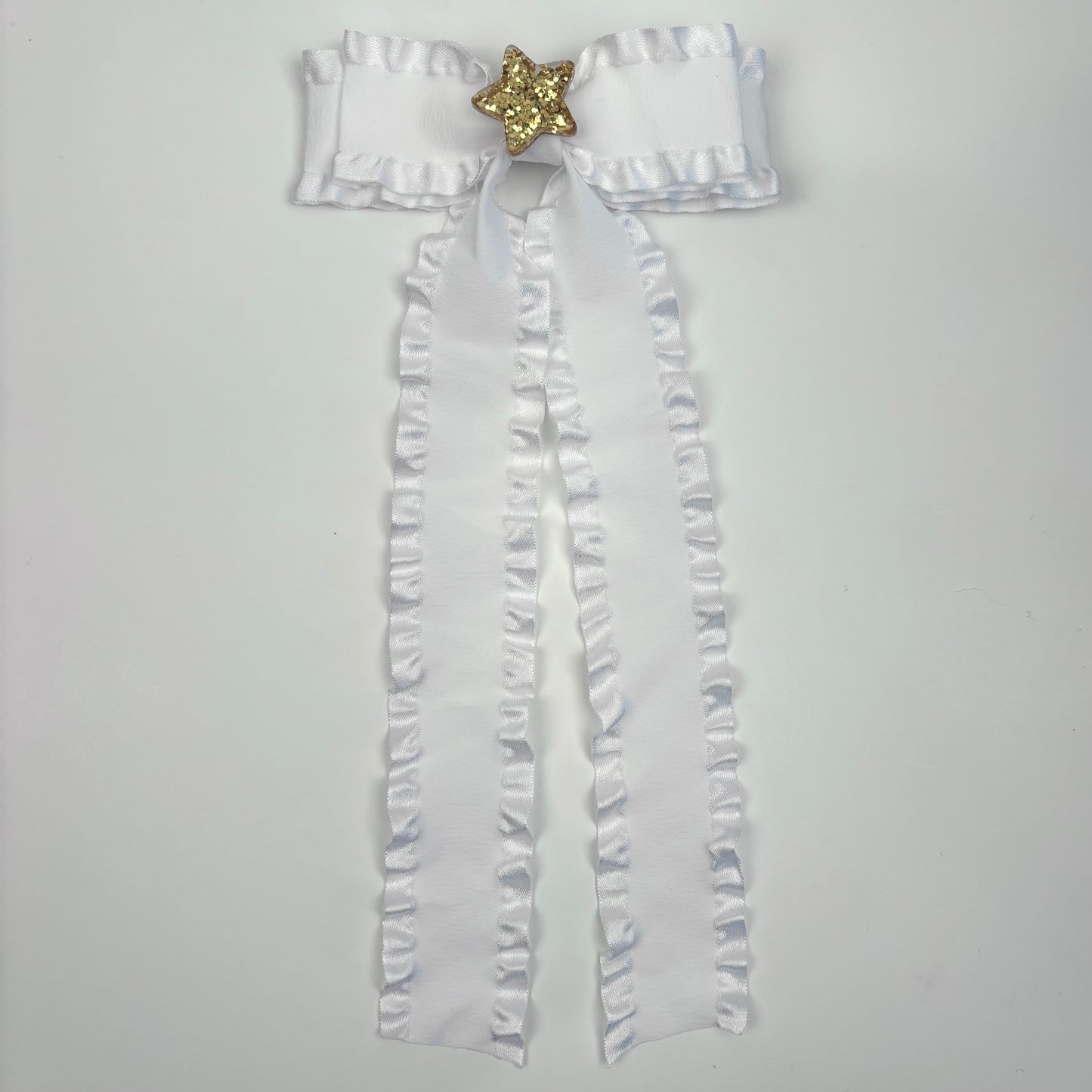 A Patty’s Day Ruffle White Bow w/ Star Embellishment