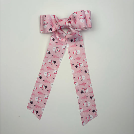 A Holiday Grosgrain Printed Pink Snowmen Bow