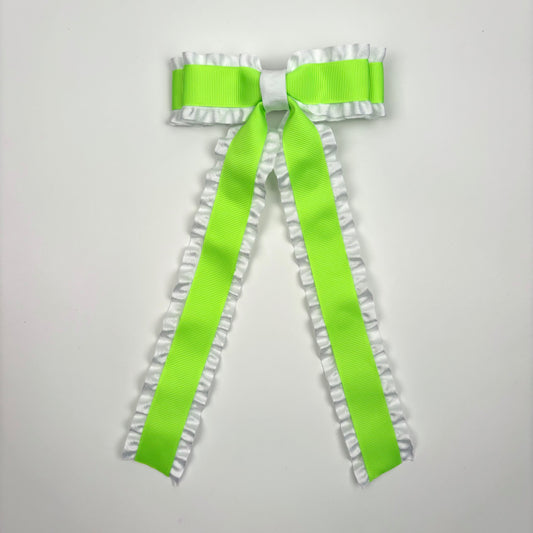 Double Ruffle Neon Green and White Bow