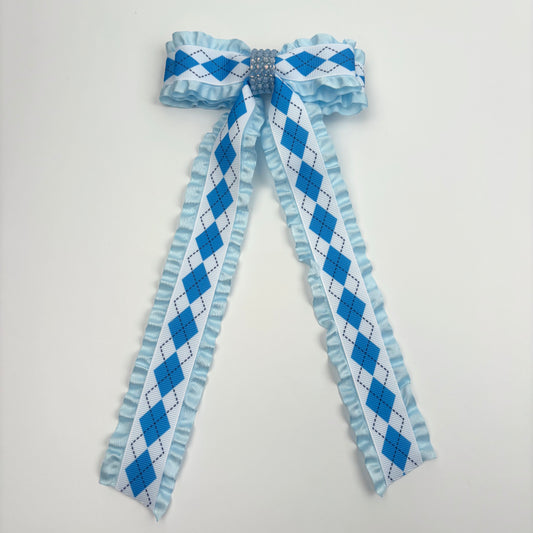 A Fall Collection Ruffle Edge Blue Argyle Print with Rhinestones